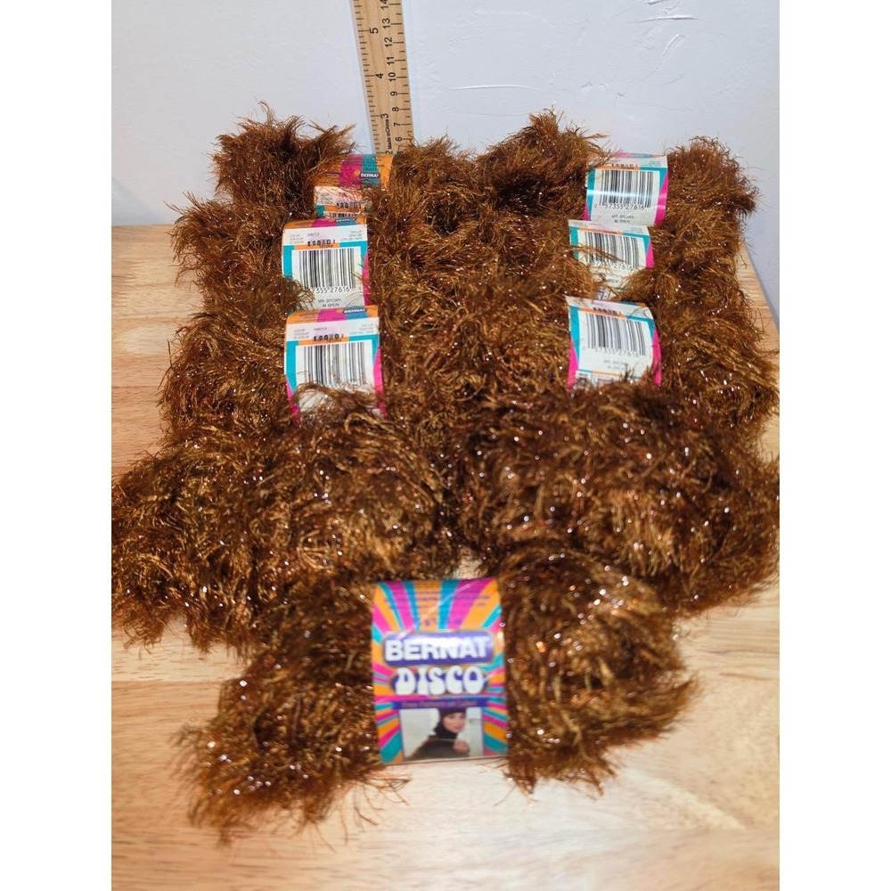 Matching lot numbers Bernat Disco Eyelash Yarn in the "Mr. Brown" colorway